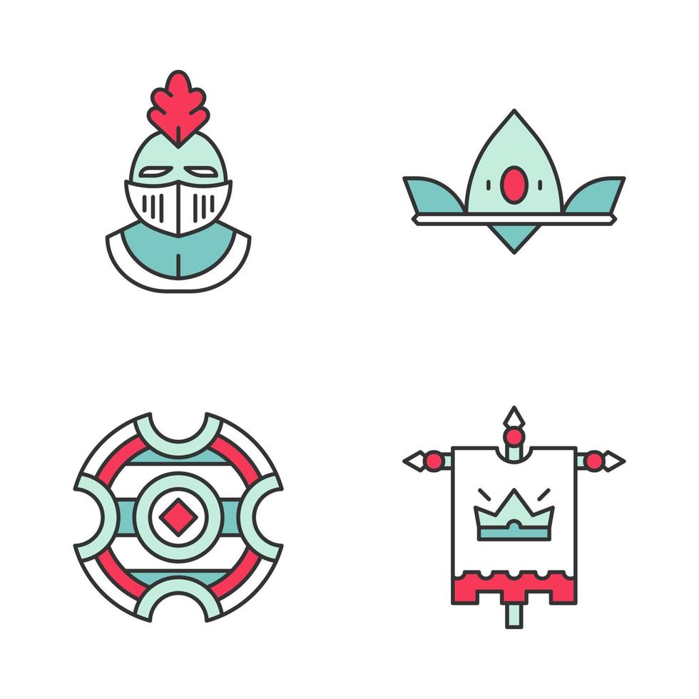 Medieval color icons set. Helmet, royal crown, battle shield, king flag Isolated vector illustrations