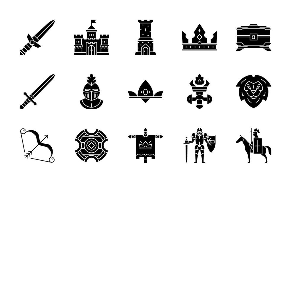 Medieval glyph icons set. Knights and accessiries. Kingdom. Silhouette symbols. Vector isolated illustration