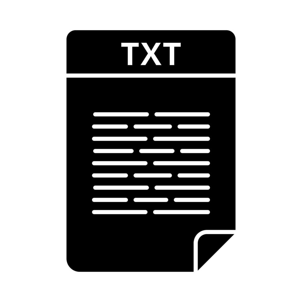 TXT file glyph icon. Text file format. Unformatted text document. Silhouette symbol. Negative space. Vector isolated illustration