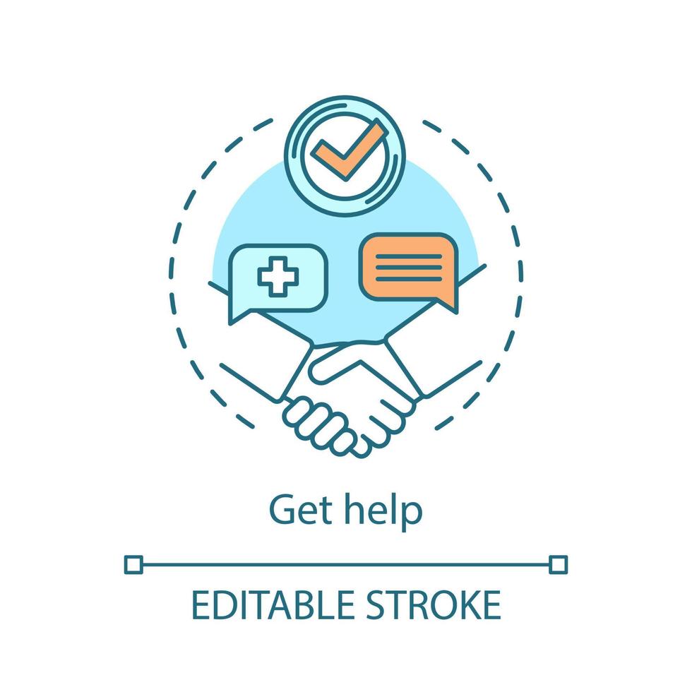 Get help concept icon. Medical care, support idea thin line illustration. Nursing services vector isolated outline drawing. Doctor, therapist, caregiver assistance. Hospital, clinic. Editable stroke