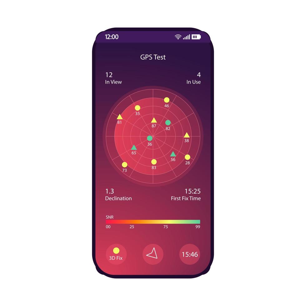 GPS test smartphone interface vector template. Mobile app page purple