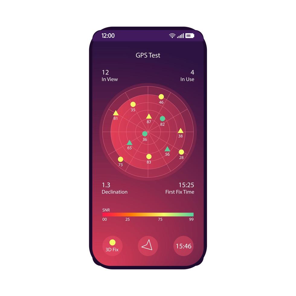 Plantilla de vector de interfaz de teléfono inteligente de prueba gps. diseño de diseño púrpura de la página de la aplicación móvil. pantalla de seguimiento de ubicación de satélites. interfaz de usuario plana para la aplicación. navegación, configuración de declinación de satélites. pantalla del teléfono