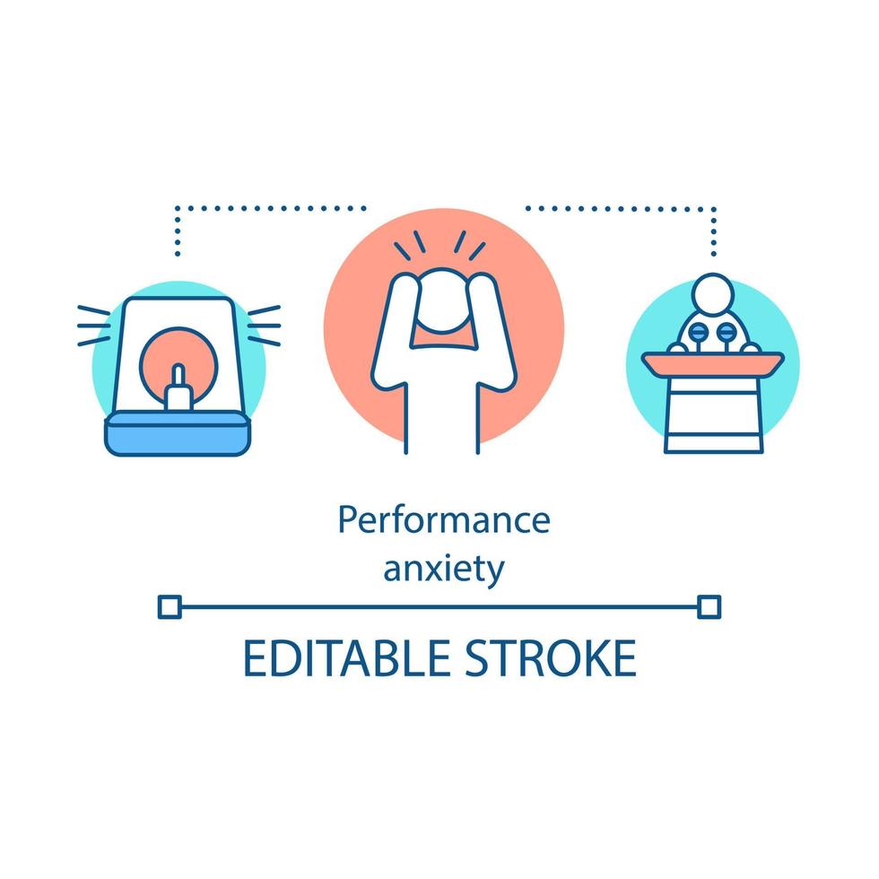 Public speaking anxiety concept icon. Stage fright. Performance anxiety, fear. Nervous tension, worrying, panic attack. Idea thin line illustration. Vector isolated outline drawing. Editable stroke