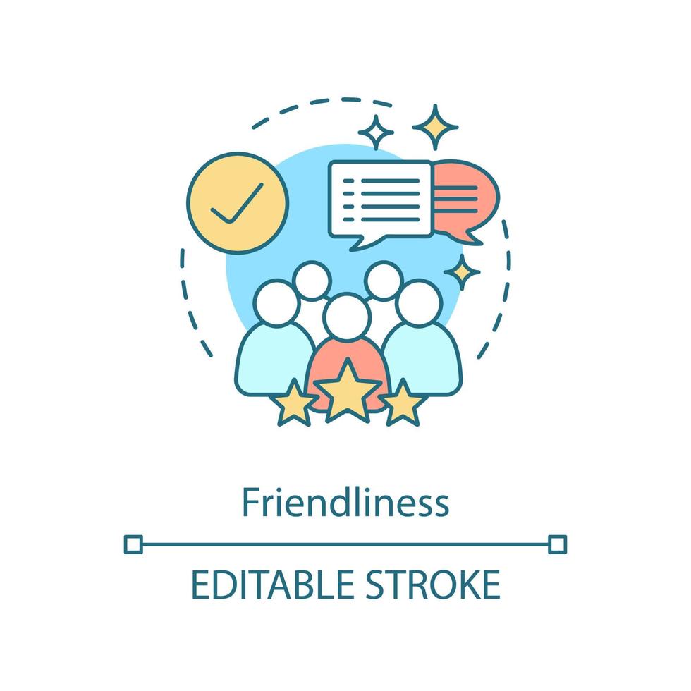 Friendliness concept icon. Fellowship, camaraderie. Chatting friends. Job satisfaction. Colleagues, coworkers, friends idea thin line illustration. Vector isolated outline drawing. Editable stroke