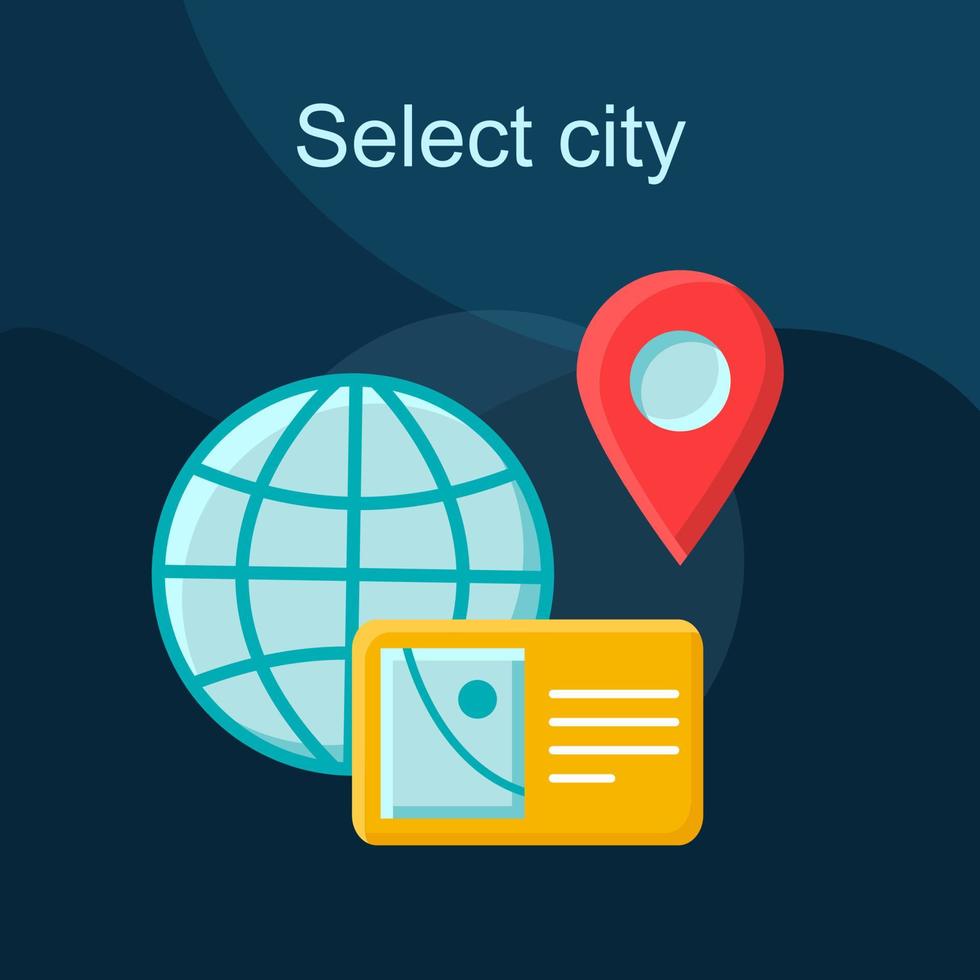 Select city flat concept vector icon. Online map app idea cartoon color illustrations set. Travel destination. Tourist route. Trip, journey planning. Earth globe. Isolated graphic design element