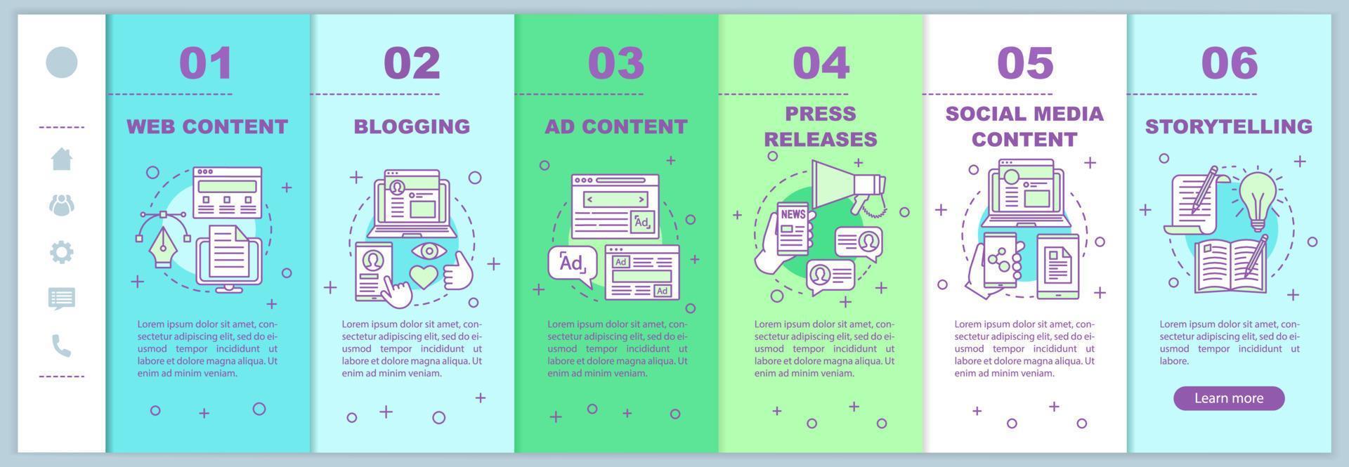 Blogging business onboarding mobile web pages vector template. SMM courses. Social media content plan. Responsive smartphone website interface idea. Webpage walkthrough step screens. Color concept