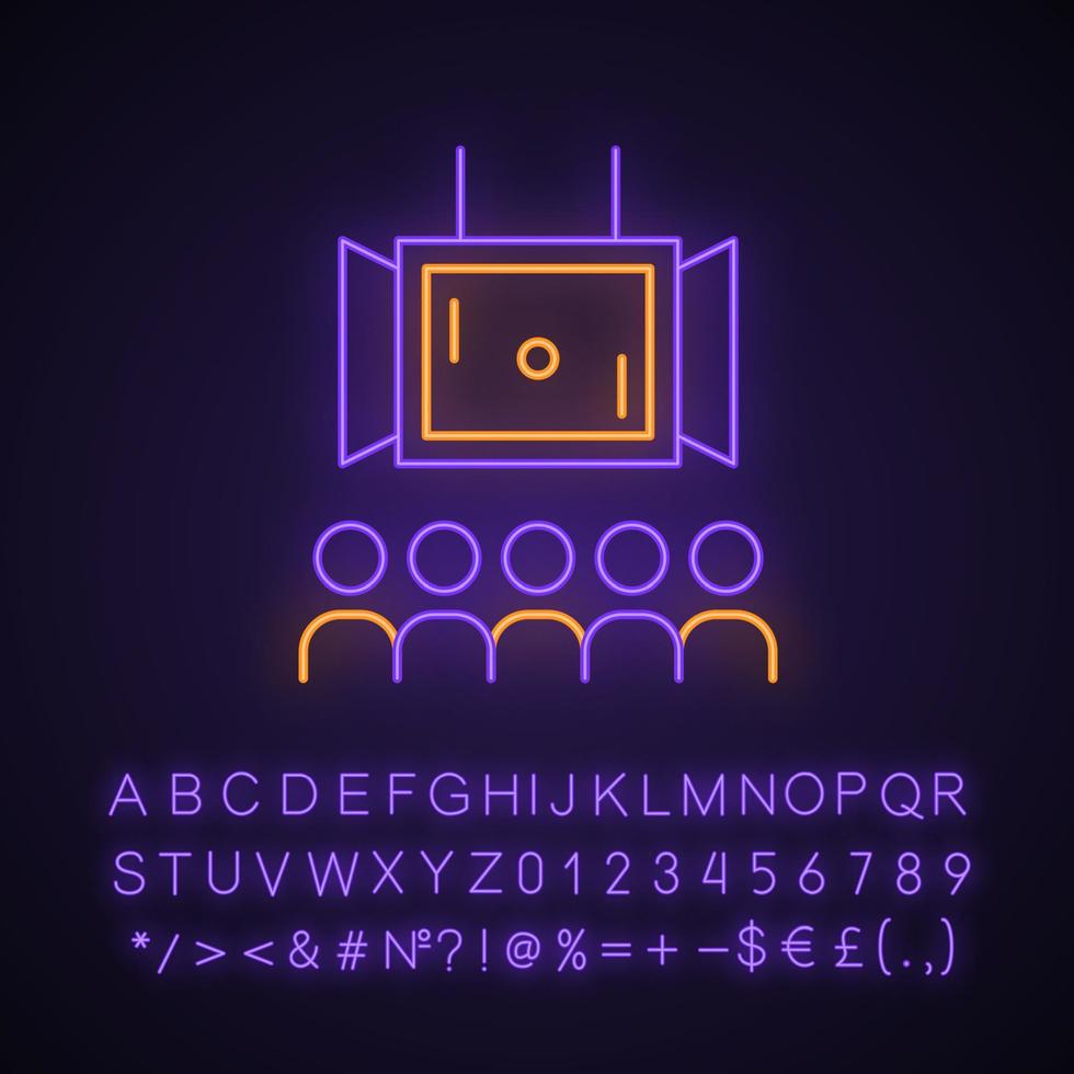 Esports neon light icon. Electronic games. Multiplayer competition. Teamwork. E sports streaming. Big screen and audience. Glowing sign with alphabet, numbers and symbols. Vector isolated illustration