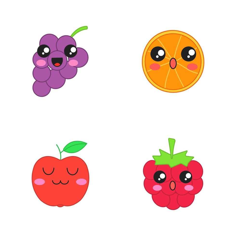 Fruits cute kawaii vector characters. Berries with smiling face. Embarrassed apple and orange. Happy grapes and raspberry. Funny emoji, emoticon, smile. Isolated cartoon color illustration