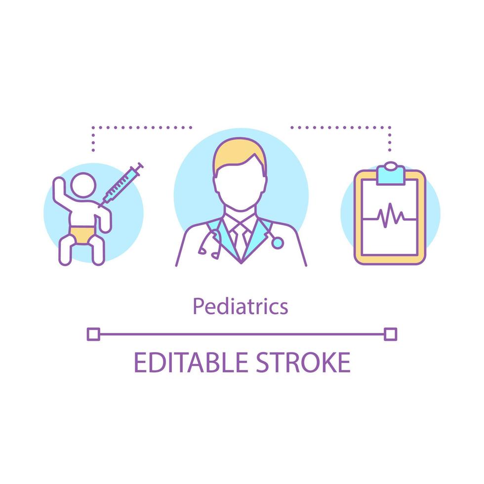 Pediatrics concept icon. Childcare service. Pediatrician with stethoscope. Child cardiogram. Kids health. Pediatric clinic idea thin line illustration. Vector isolated outline drawing. Editable stroke