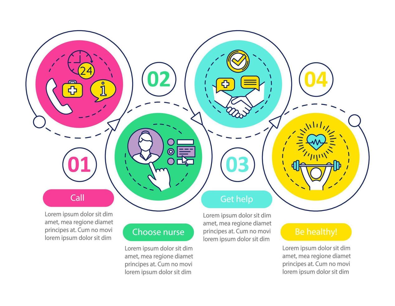 Choose nurse vector infographic template. Nursing service. Business presentation design elements. Data visualization with four steps, options. Process timeline chart. Workflow layout with linear icons