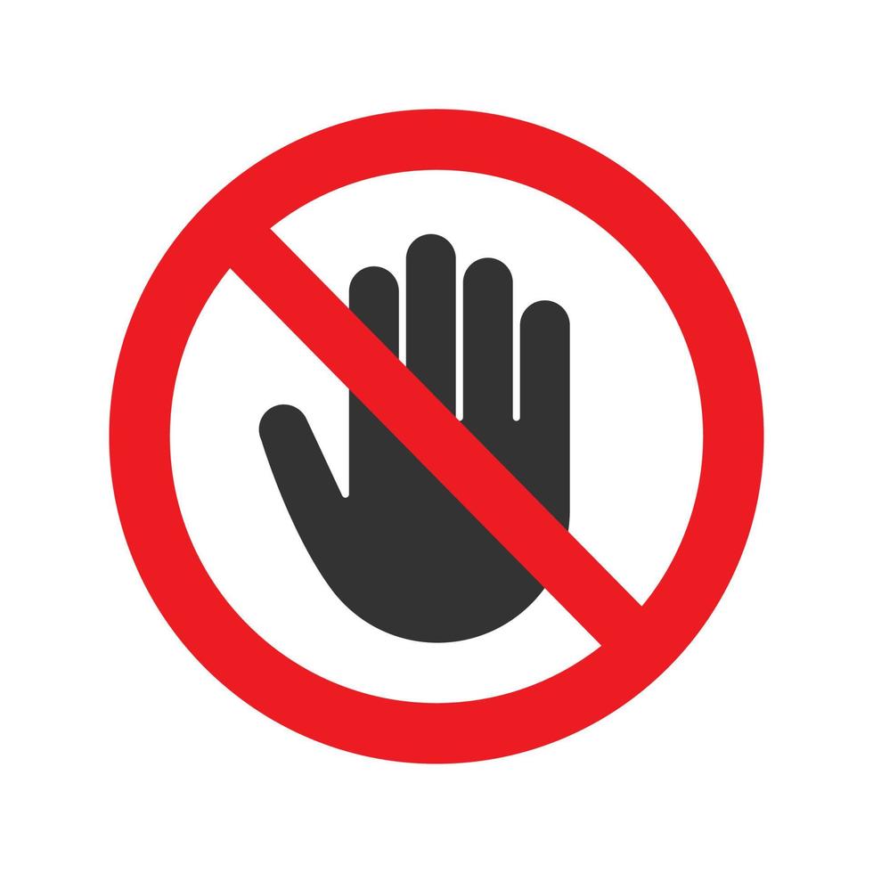 Forbidden sign with stop hand glyph icon. No entry prohibition. Do not touch. Silhouette symbol. Negative space. Vector isolated illustration