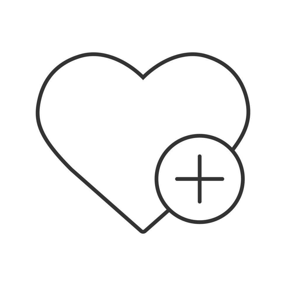 Heart shape with plus sign linear icon. Add to favorites. Thin line illustration. Bookmark. Contour symbol. Vector isolated outline drawing