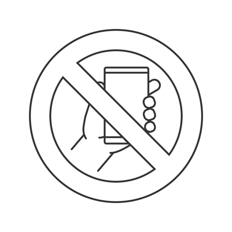 signo prohibido con icono lineal de teléfono móvil. sin prohibición de teléfonos inteligentes. detener el símbolo de contorno. ilustración de línea delgada. dibujo de contorno aislado vectorial vector