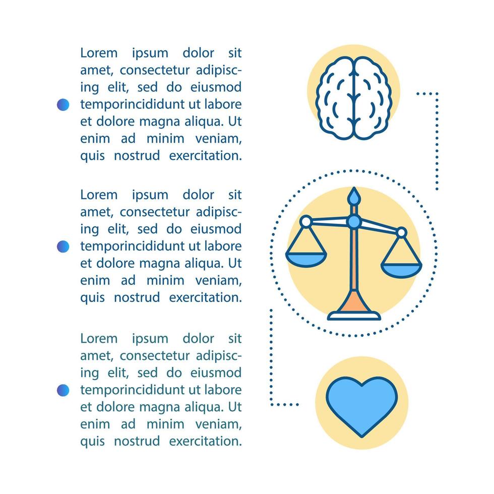 plantilla de vector de página de artículo de control de emociones. elección de la mente y los sentimientos. valores fundamentales. elemento de diseño de folleto con iconos lineales y cuadros de texto. diseño de impresión. ilustraciones conceptuales con espacio de texto