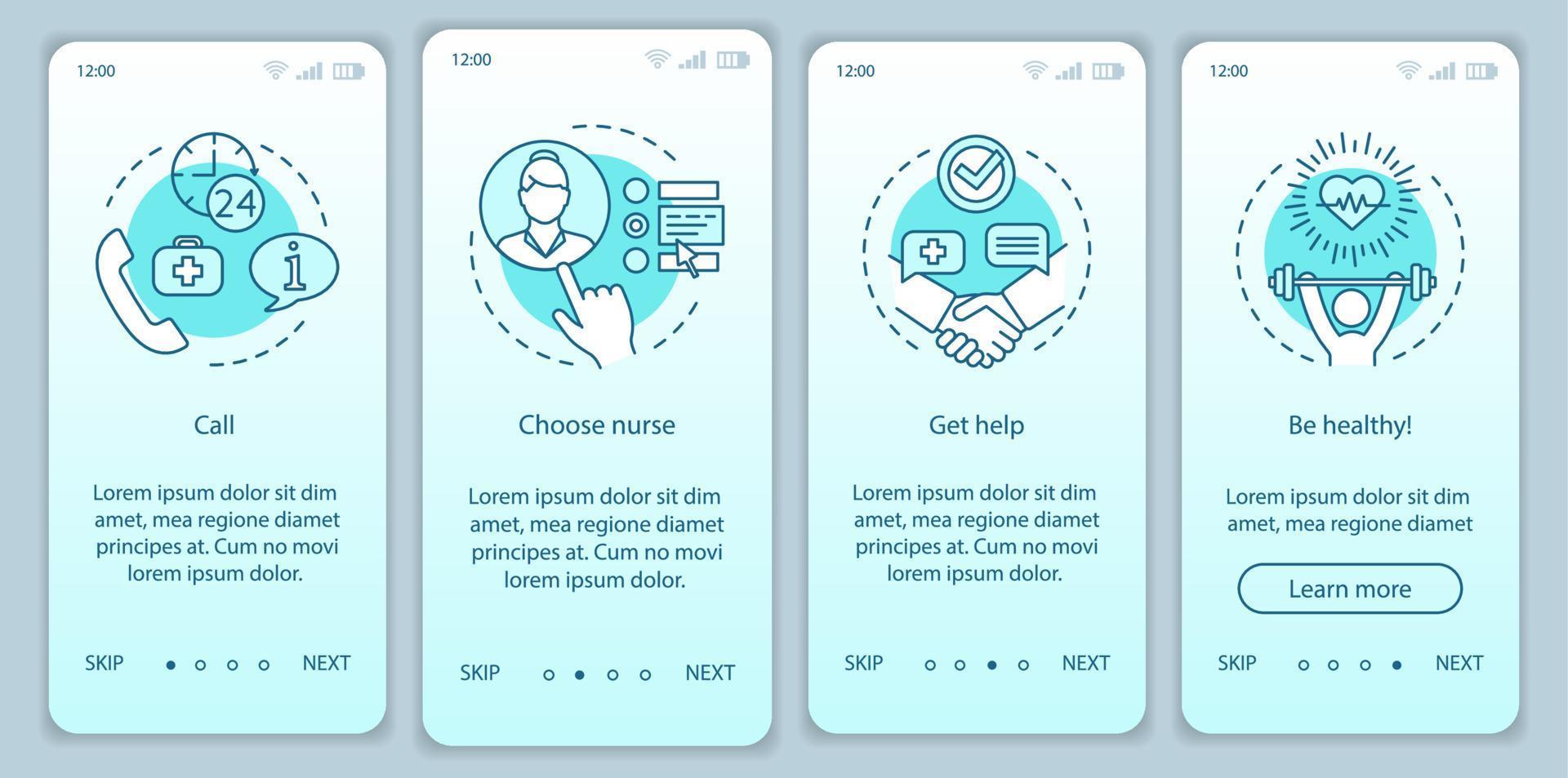 Nurse service onboarding mobile app page vector template. Home care assistance walkthrough website steps. Choosing practical caregiver, carer. In-home nursing. UX, UI, GUI smartphone interface concept