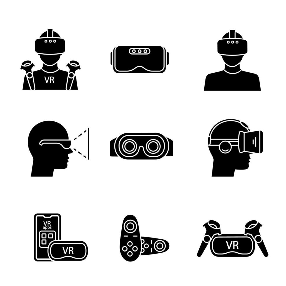 Virtual reality glyph icons set. Silhouette symbols. VR games players, headsets, controllers, smartphone apps. Virtual reality devices. Vector isolated illustration