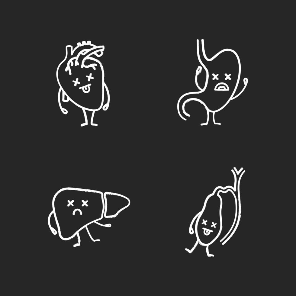 Sad human internal organs characters chalk icons set. Unhappy heart, stomach, liver, gallbladder. Unhealthy cardiovascular and digestive systems. Isolated vector chalkboard illustrations