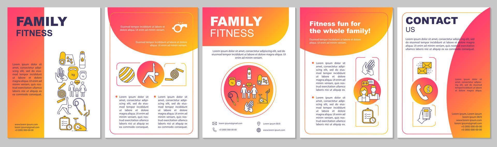 Family fitness center brochure template. Gym membereship. Flyer, booklet, leaflet print design. Physical exercises. Workout. Healthy lifestyle. Vector page layouts for magazines, reports, posters