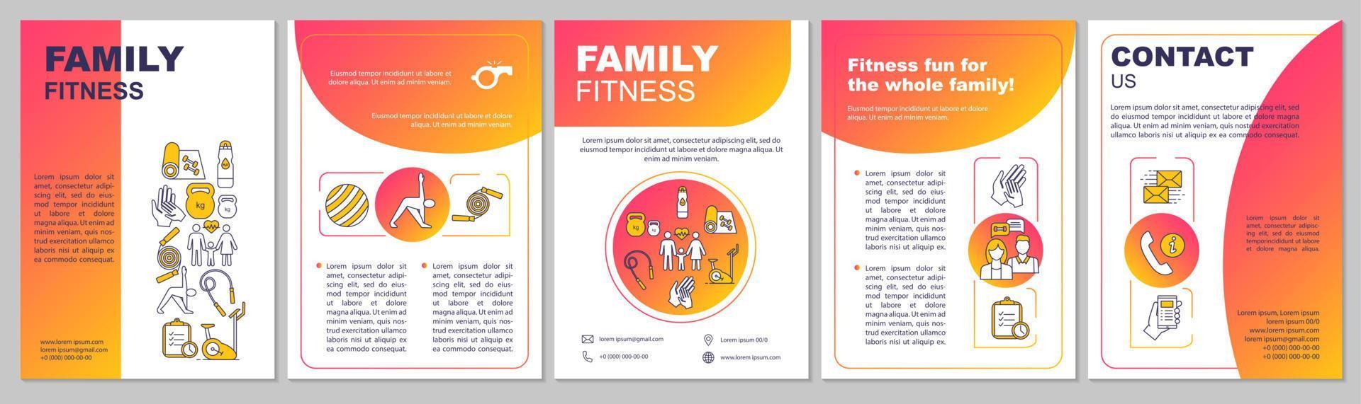 Family fitness center brochure template. Gym membereship. Flyer, booklet, leaflet print design. Physical exercises. Workout. Healthy lifestyle. Vector page layouts for magazines, reports, posters