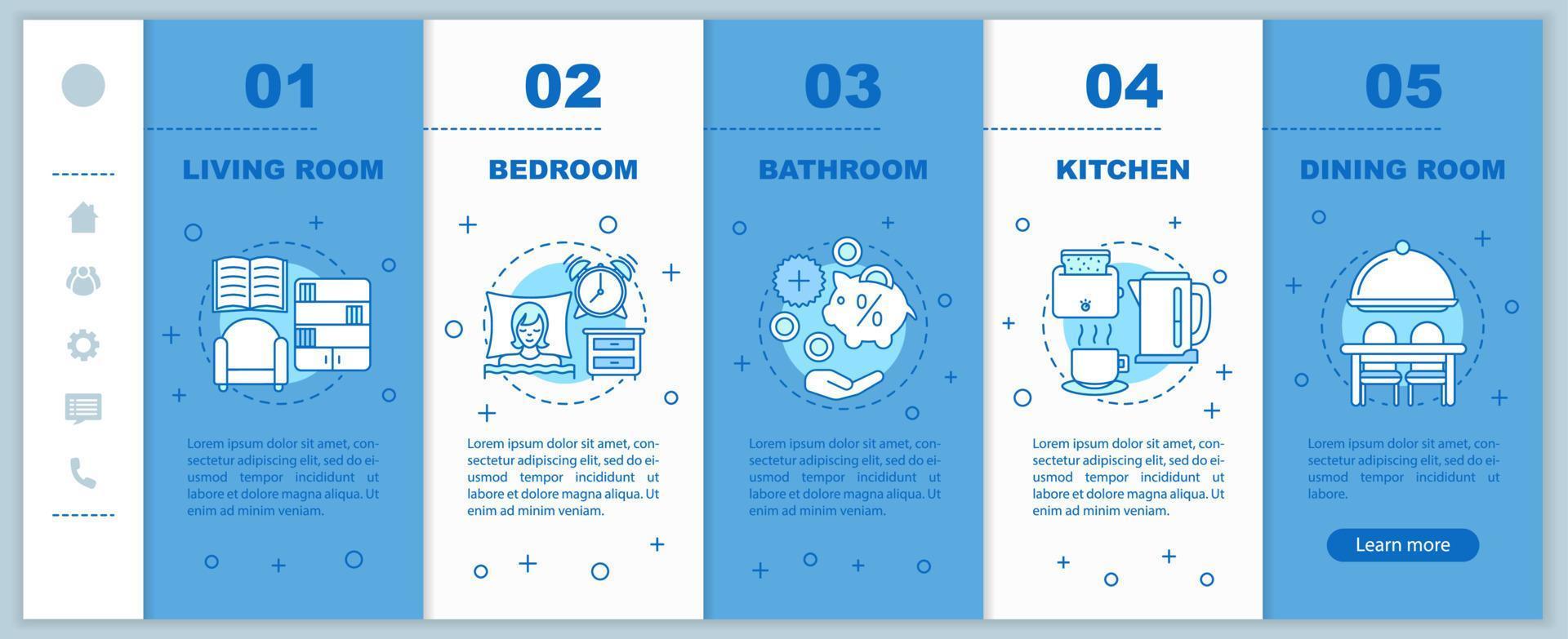 diseño de interiores incorporando plantilla vectorial de páginas web móviles. idea de interfaz de sitio web de teléfono inteligente sensible con ilustraciones lineales. pantallas de paso de tutorial de página web de casa o habitaciones planas. concepto de color vector