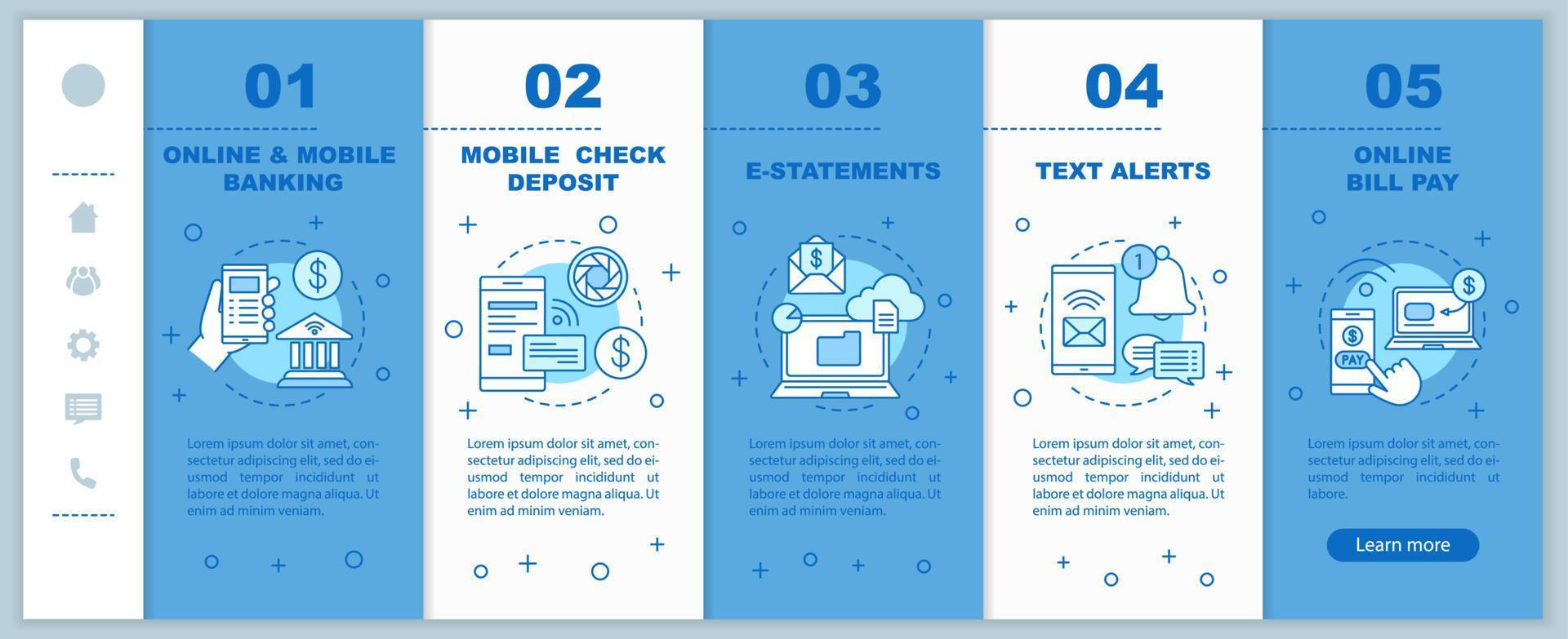 plantilla de vector de páginas web móviles de incorporación de servicios bancarios. pago en línea. interfaz de sitio web de teléfono inteligente sensible con iconos lineales. gestión financiera. Concepto de pantallas de paso de tutorial de página web