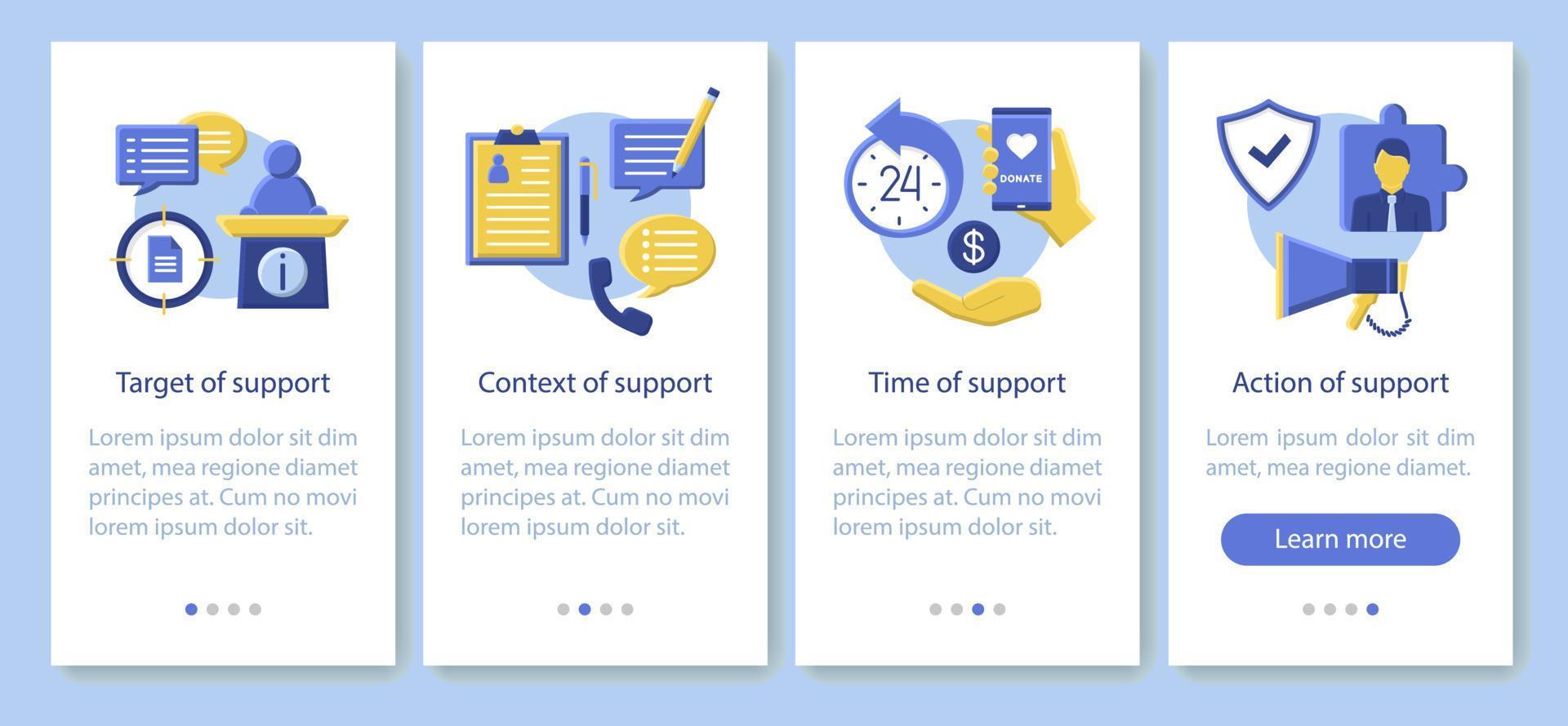 Corporate social responsibility onboarding mobile app page screen vector template. Target, time, action of support. Flat design website instructions. UX, UI, GUI smartphone interface cartoon concept
