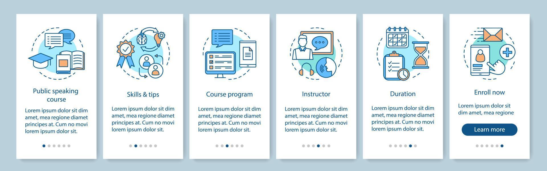 Public speaking skill course onboarding mobile app page screen with linear concepts. Professional speakers school walkthrough steps graphic instructions. UX, UI, GUI vector template with illustrations