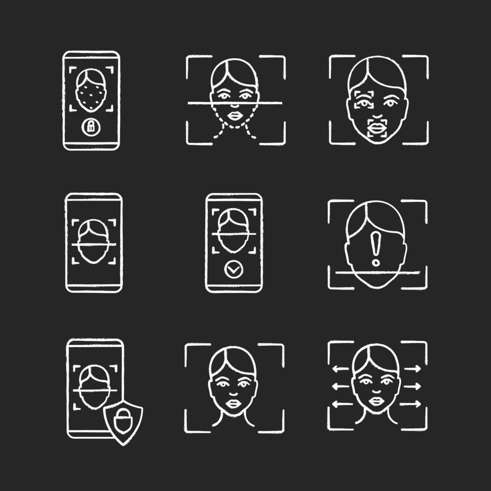 Facial recognition chalk icons set. Face lock, banking, approved, protection smartphone apps, scanning process, reader, markers, ID scan unidentified. Isolated vector chalkboard illustrations