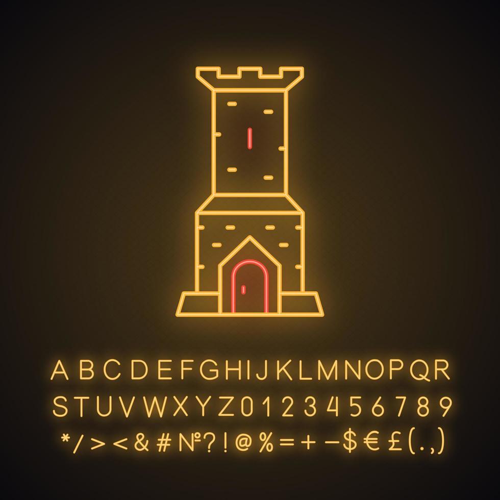 Medieval gatehouse. Fortified ancient building. Fort, citadel, fortress. Glowing sign with alphabet, numbers and symbols. Vector isolated illustration