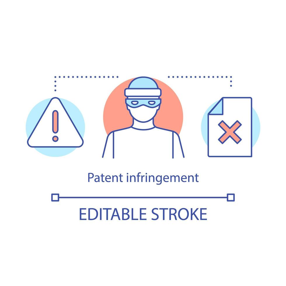 Patent infringement concept icon. Copyright violation idea thin line illustration. Cyber spying. Plagiarism. Cyber spying. Intellectual property theft. Vector isolated outline drawing. Editable stroke