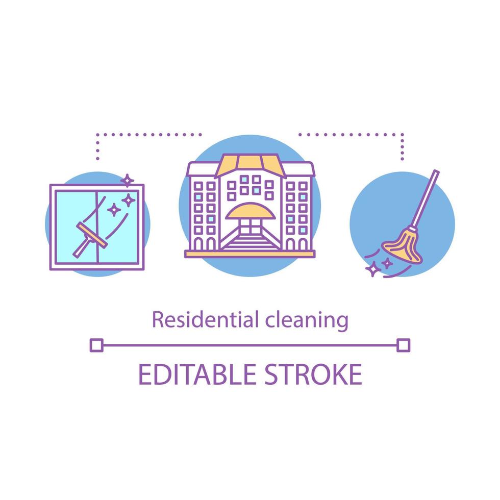 Residential cleaning concept icon. Cleaning services idea thin line illustration. Windows cleanup. House maintenance. Mopping, wiping. Maid service. Vector isolated outline drawing. Editable stroke