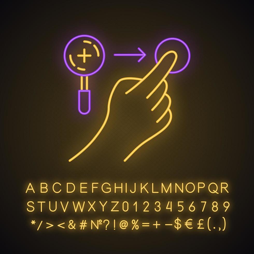 Zoom in horizontal gesture neon light icon. Touchscreen gesturing. Tap, point, click. Using sensory devices. Glowing sign with alphabet, numbers and symbols. Vector isolated illustration