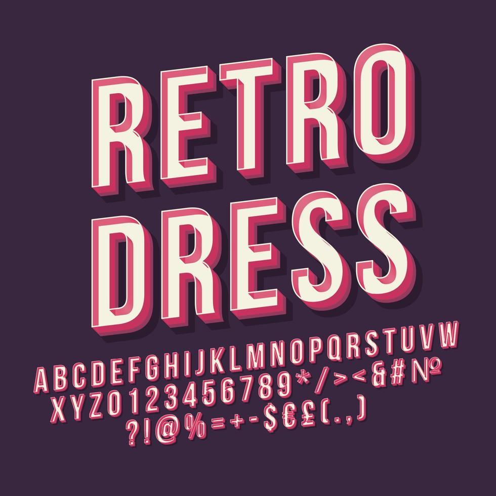 Retro dress 3d vector lettering. Vintage bold font. Pop art stylized text. Old school style letters, numbers, symbols pack. 90s poster, banner, signboard typography design. Purple color background