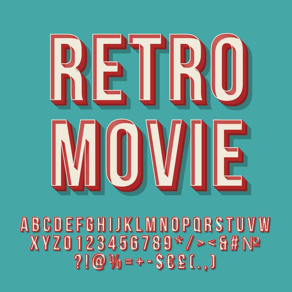 Retro movie 3d vector lettering. Vintage bold font. Pop art stylized text. Old school style letters, numbers, symbols pack. 90s, 80s poster, banner, t shirt typography design. Blue color background