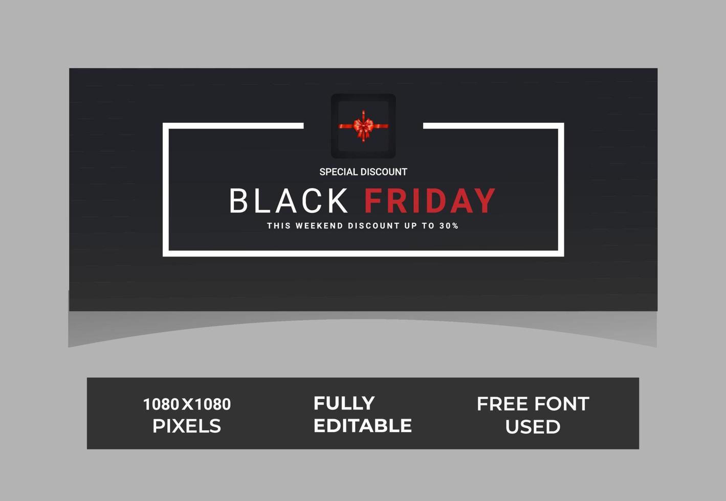 Black Friday banner. Gift box with red bow on dark background. Black Friday horizontal promotion banner in rectangle frame. Luxury background for Black Friday sale. Vector