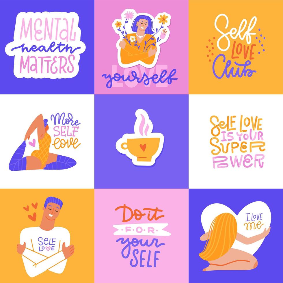 conjunto de tarjetas de salud mental. ámate a ti mismo metáforas. banners de medios sociales de concepto de estilo de vida con texto sobre amarte a ti mismo. ilustración vectorial dibujada a mano plana. vector