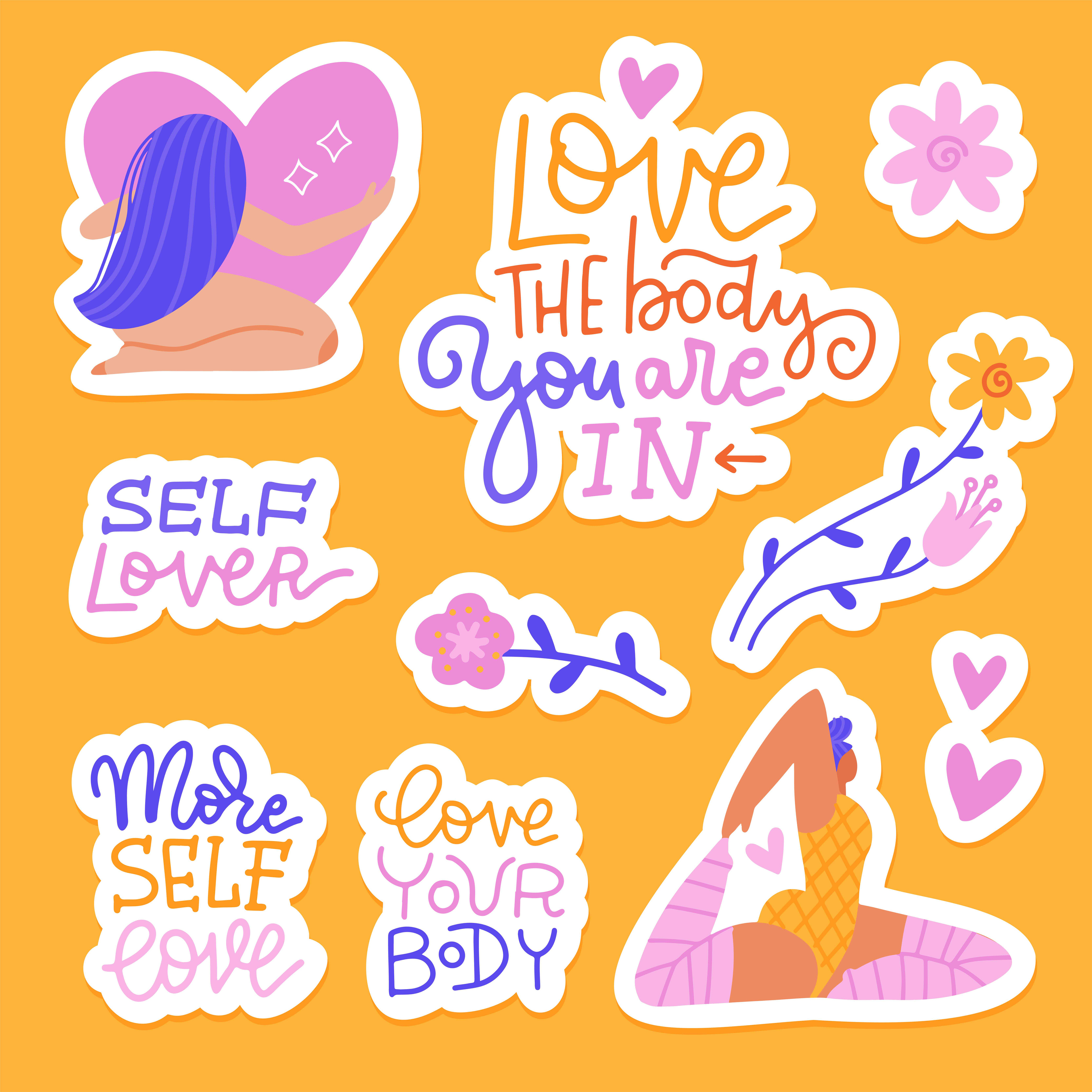 Set of self love lettering quotes with female characters and romantic  elements on yellow background. Hand drawn flat vector collection of  stickers about beauty, self love, body positive. 6038527 Vector Art at
