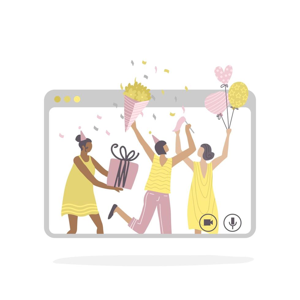 Online birthday party and online meeting friends. Friends communicate via video chat. Women have fun, laugh, talk and giving gifts. Online chat using the video app. Vector flat illustration