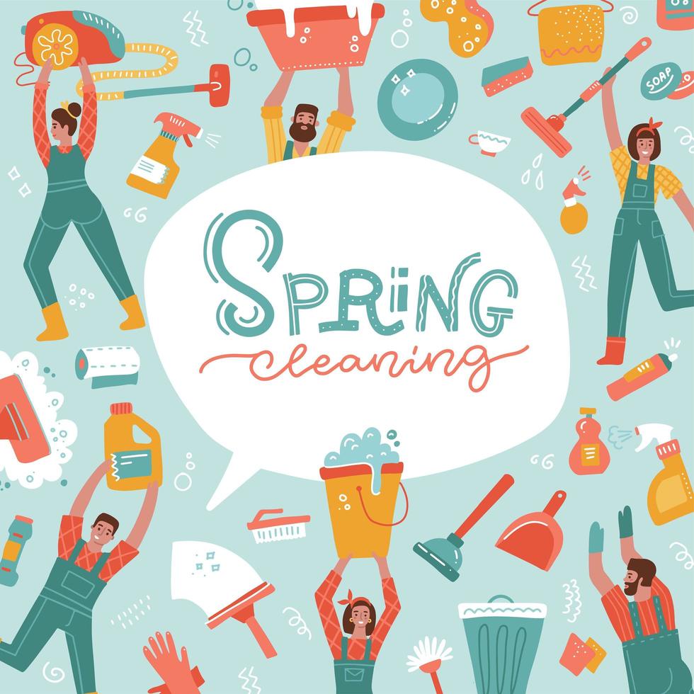 Spring cleaning banner. Service of Professional Cleaners. Male and female Characters in Uniform with Cleaning Equipment, Mopping, Vacuuming. Flat Vector hand drawn Illustration with lettering text.