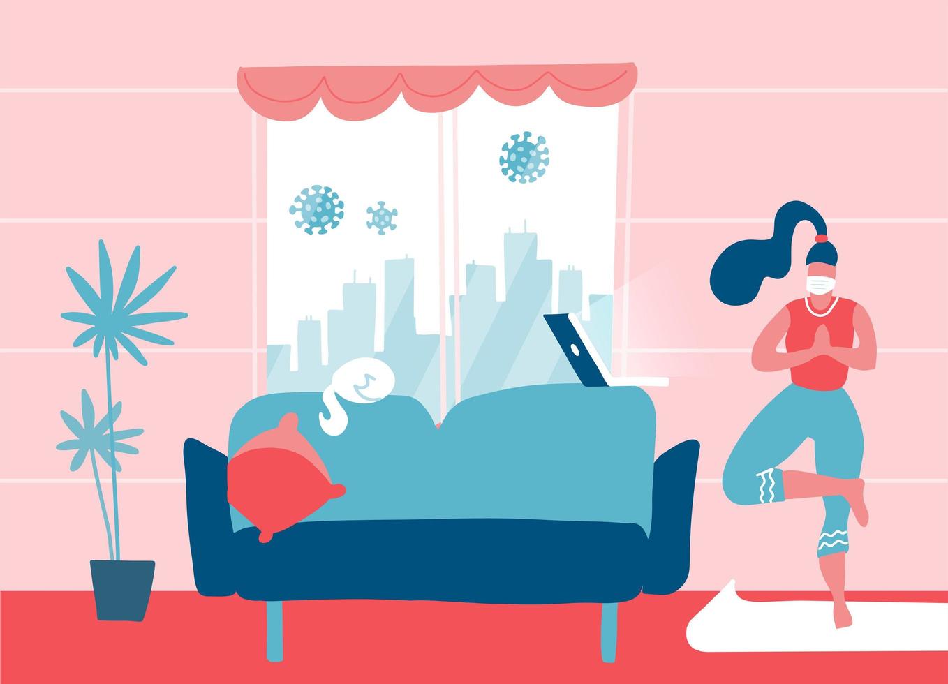 Stay at home awareness social media campaign and coronavirus prevention. Young woman doing yoga at home. Online lessons on a laptop. Vector flat illustration