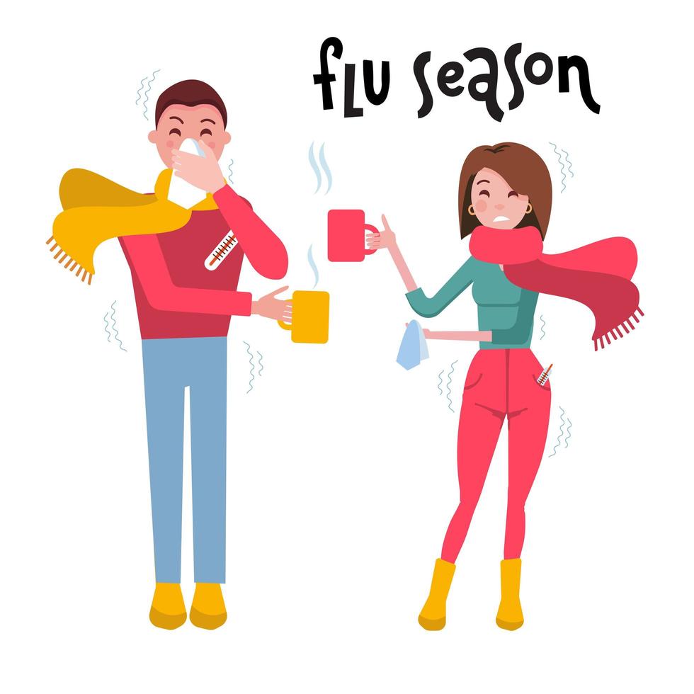 Set of sick people. Man and woman feeling unwell, having cold, seasonal flu, high temperature, running nose, headache. Cartoon style vector illustration of couple with cold on white background.