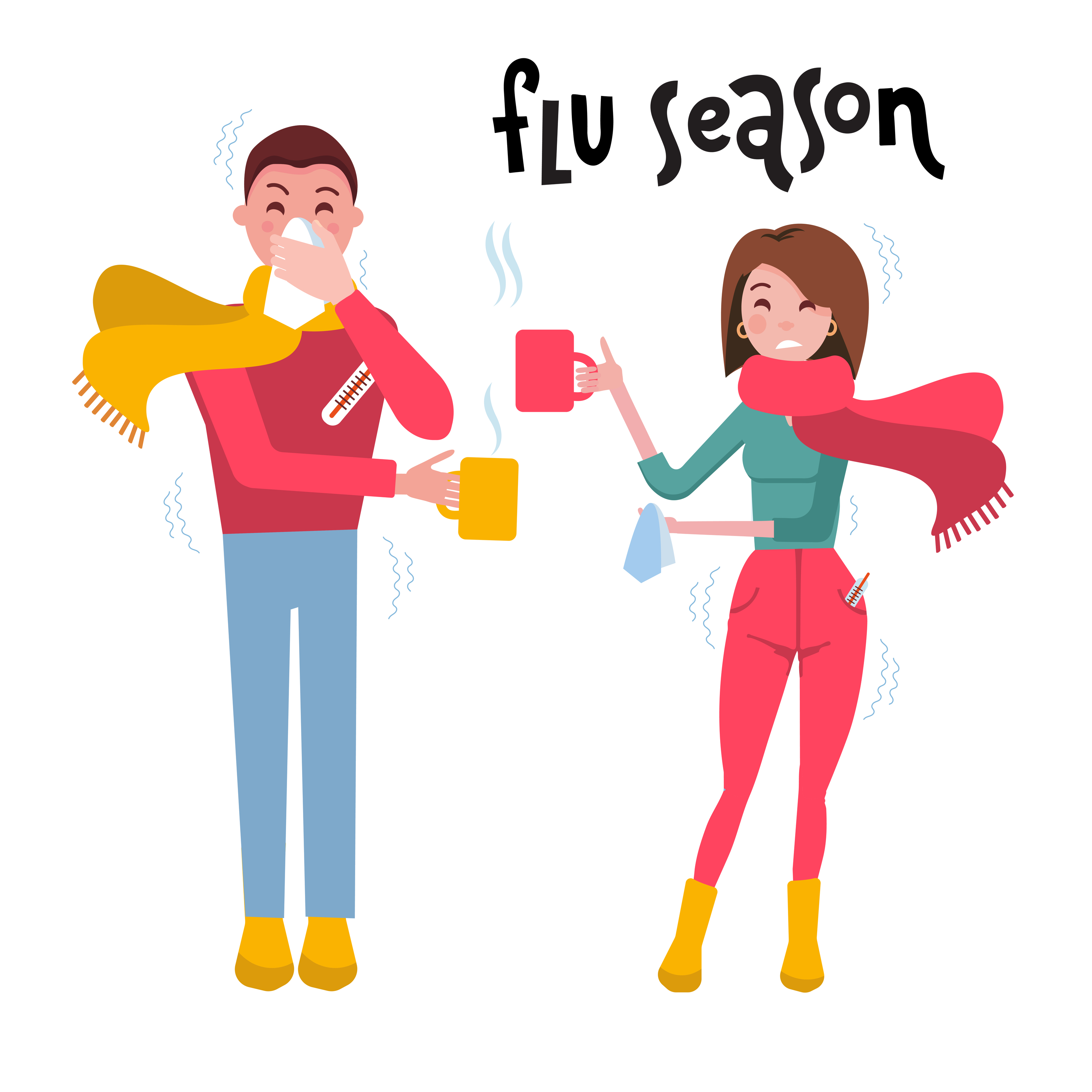 Set of sick people. Man and woman feeling unwell, having cold, seasonal flu, high temperature, running nose, headache. Cartoon style vector illustration of couple with cold on white background. 6038546 Vector Art Set of sick people. Man and woman feeling unwell, having cold, seasonal flu, high temperature, running nose, headache. Cartoon style vector illustration of couple with cold on white background. 6038546 Vector Art
