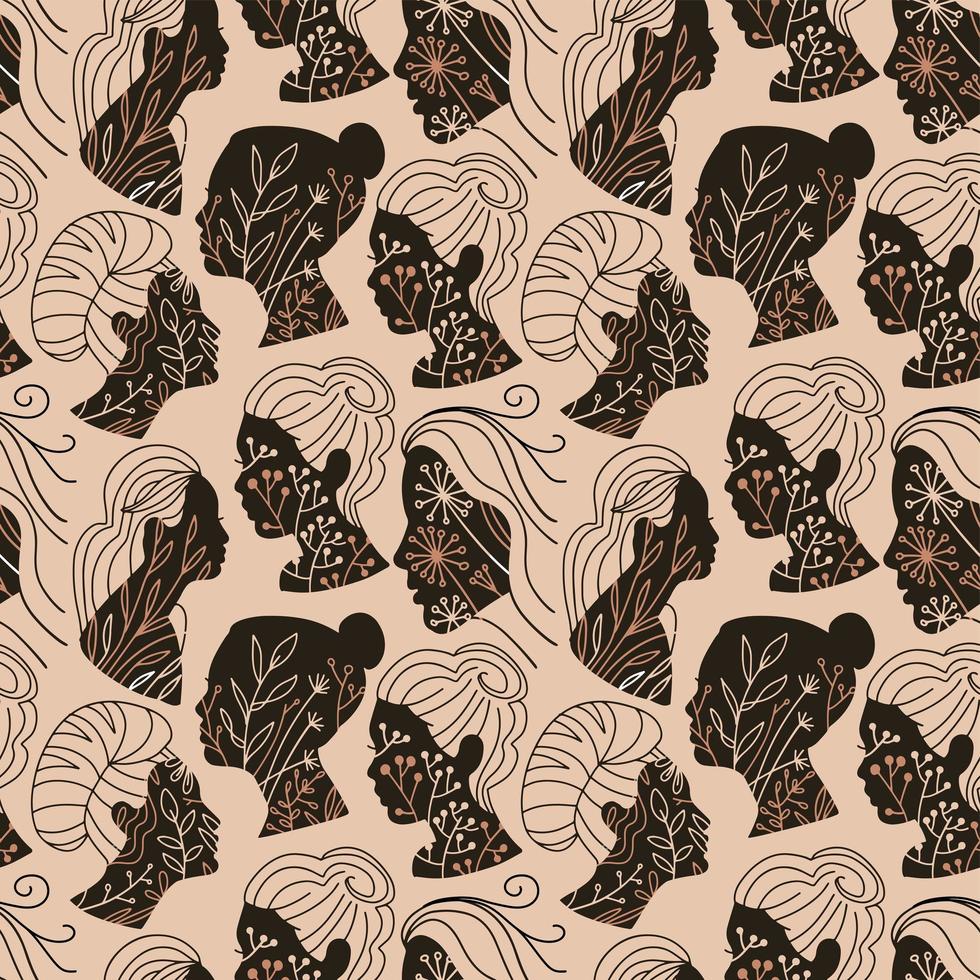 Pastel beige seamless pattern with female faces silhouettes with floral silhouette on them. Gentle fashion background. Design for textile, wallpaper, paper. Vector hand drawn illustration.