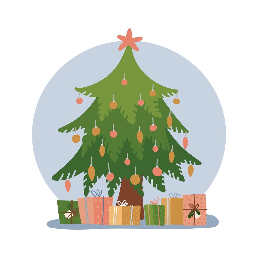 Decorated christmas tree with gift boxes, star, decoration balls and baubles. Merry Christmas and a happy new year isolated concept. Flat style vector illustration.