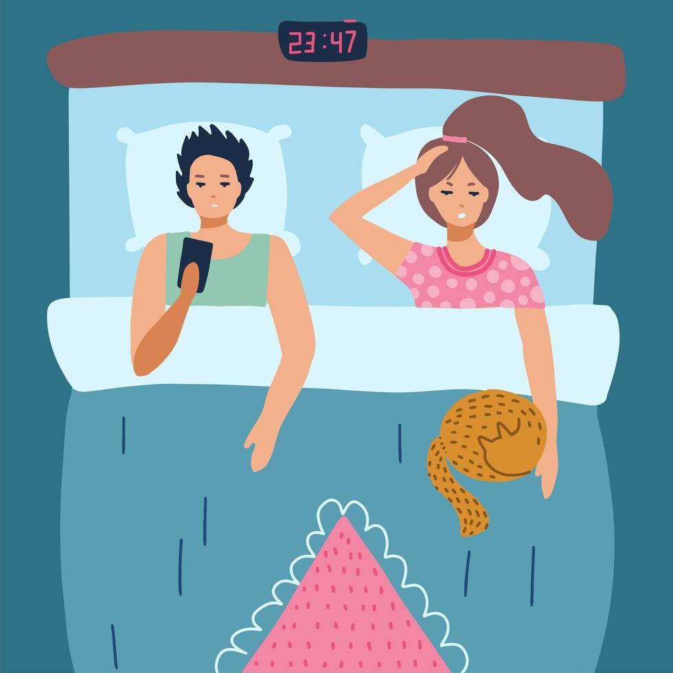 Sleepless man and woman suffers from insomnia. guy using smartphone. People in bed with open eyes in darkness night room. Flat vector illustration.