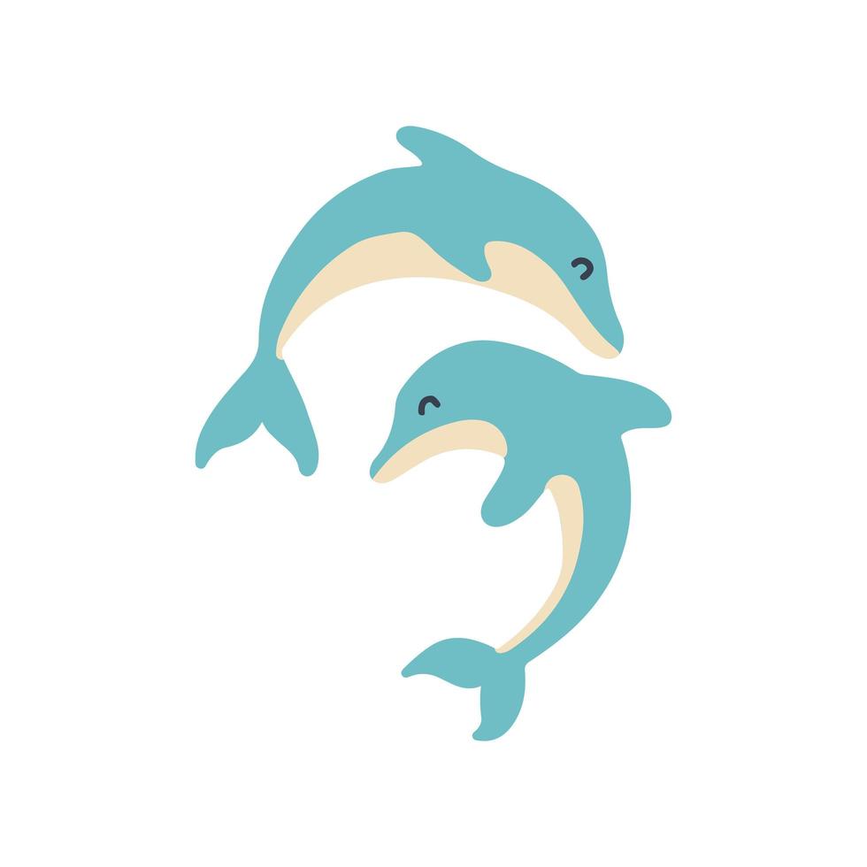 Two jumping dolphins. Vector simple flat hand drawn illustration isolated on white background