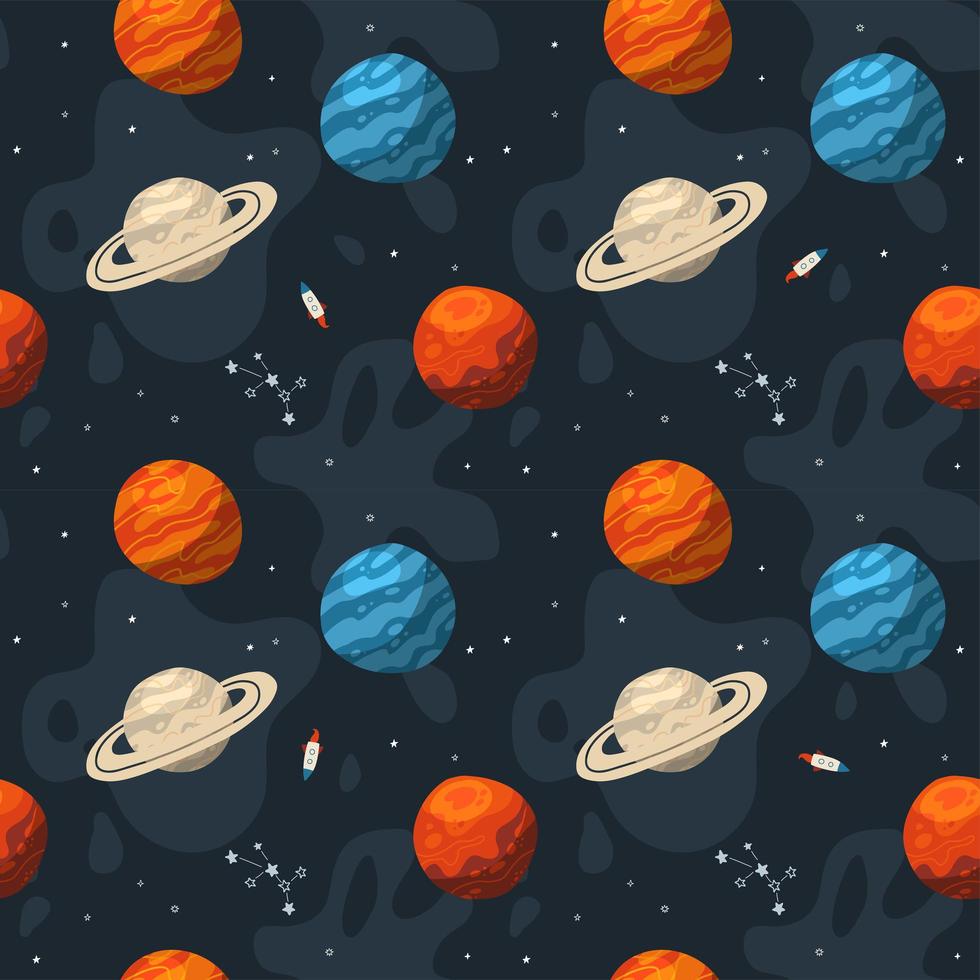 Seamless galaxy pattern with constellations and planets. Cosmic flat vector illustration, hand drawn endless background.