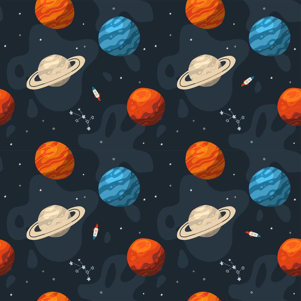 Seamless galaxy pattern with constellations and planets. Cosmic flat vector illustration, hand drawn endless background.