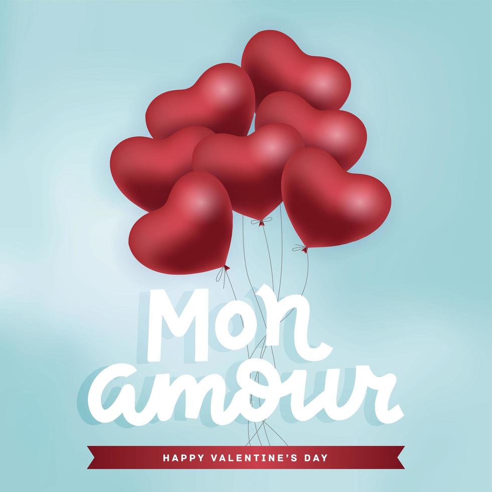 Bunch of red air balloons flying in the sky. Happy Valentine s Day greeting card with hand lettering qoute - Mon Amour. Vector realistic illustration.