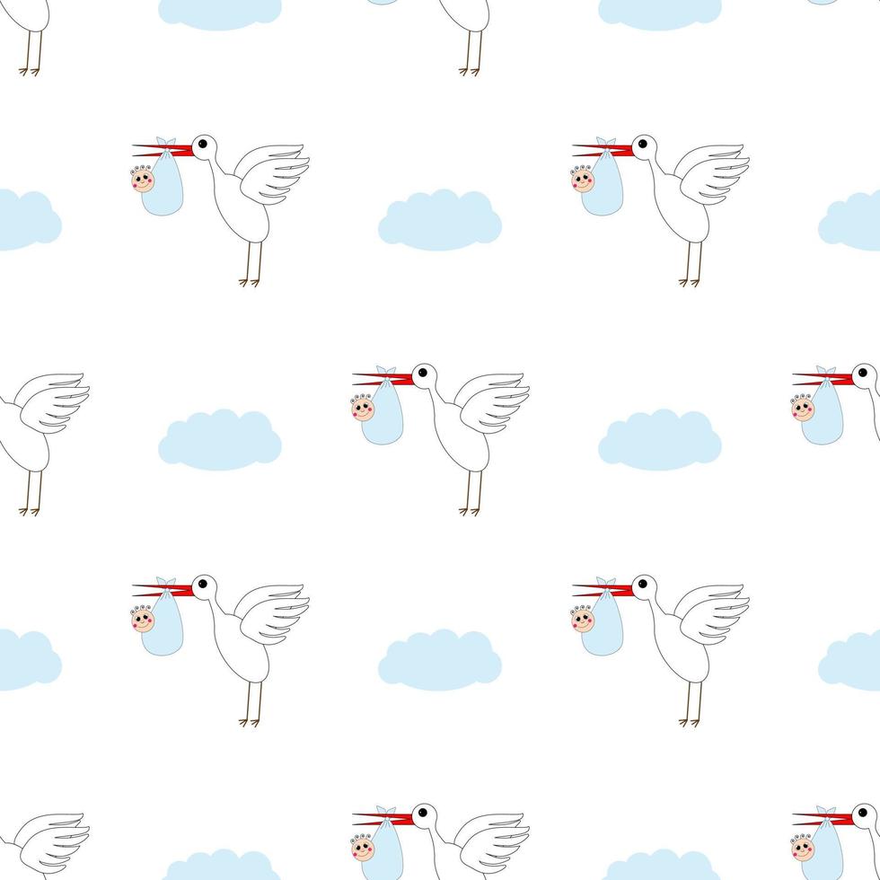 Children's background. Stork with a baby in the clouds. Template. Illustration. vector